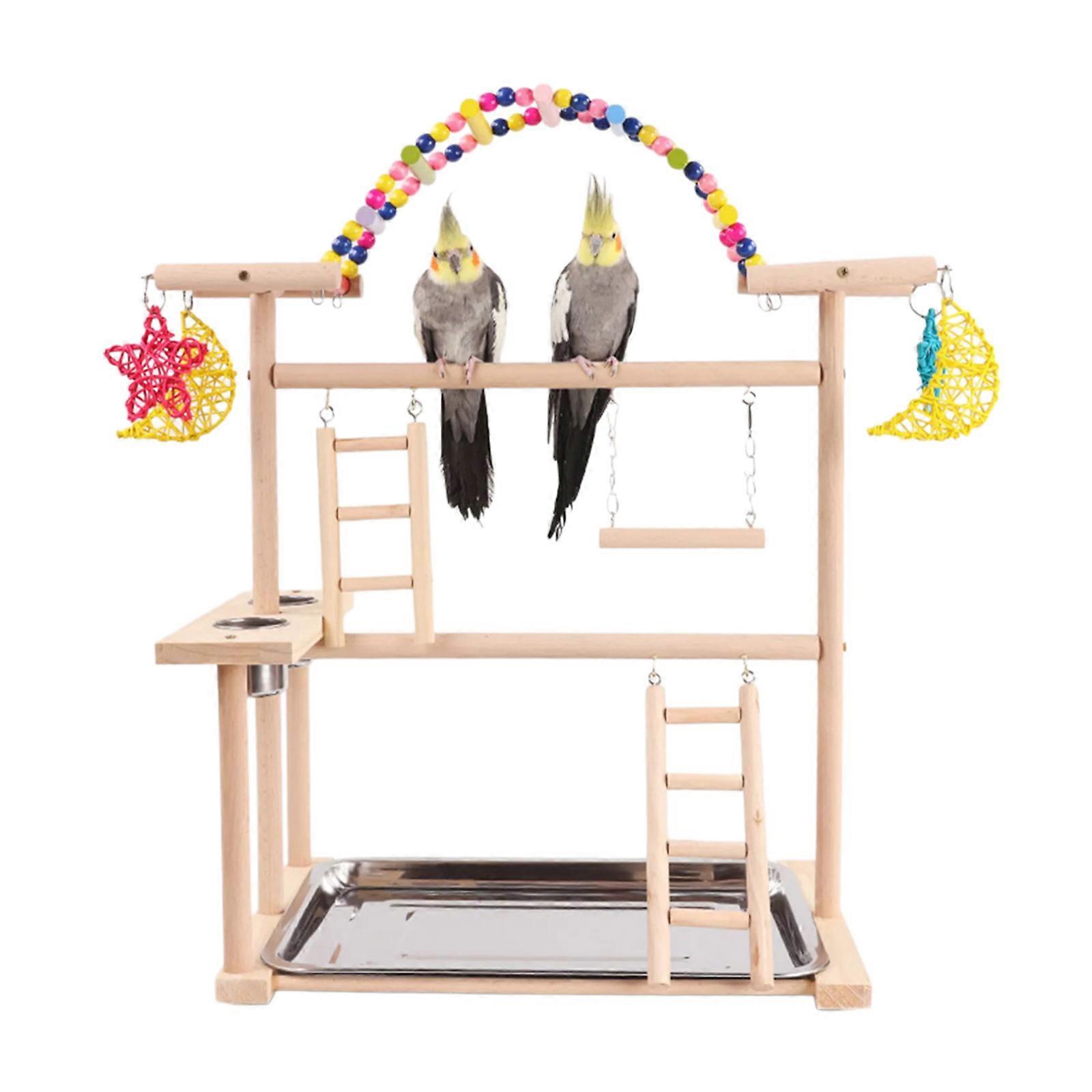 Durability Natural Wood Parrots Playstand Set Bird Playgrounds Activity Stand for Parrots and Conures Multicolor