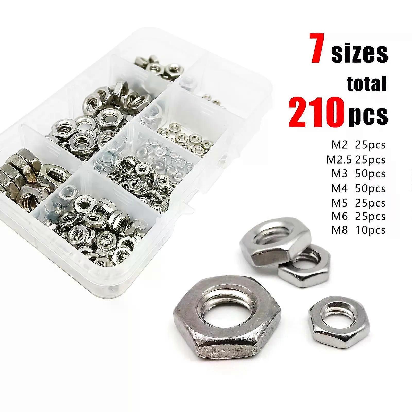 210pcs Hex Thin Nut Hexagon Jam Nut Set Mix M2 M2.5 M3 M4 M5 M6 M8 Assortment Kit Box 304 A2-70 Stainless Steel DIN439 GB6172