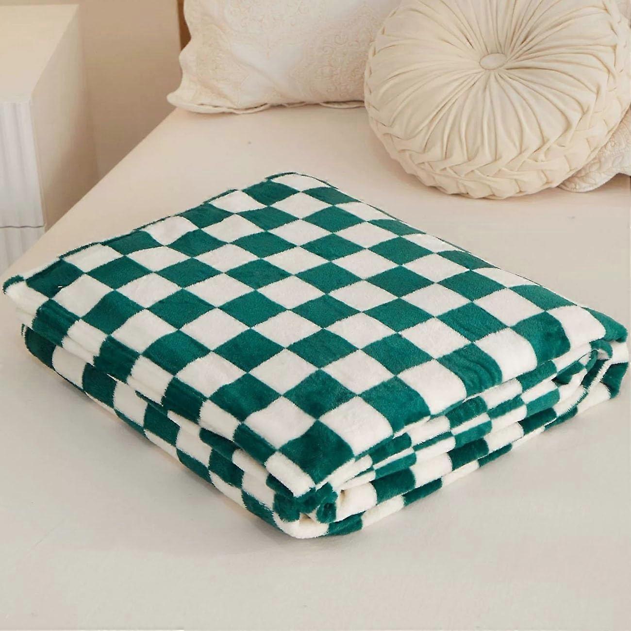 Velvet Checkered Throw Blanket for Sofa and Bed, Soft Warm Fleece, Green 100x150cm