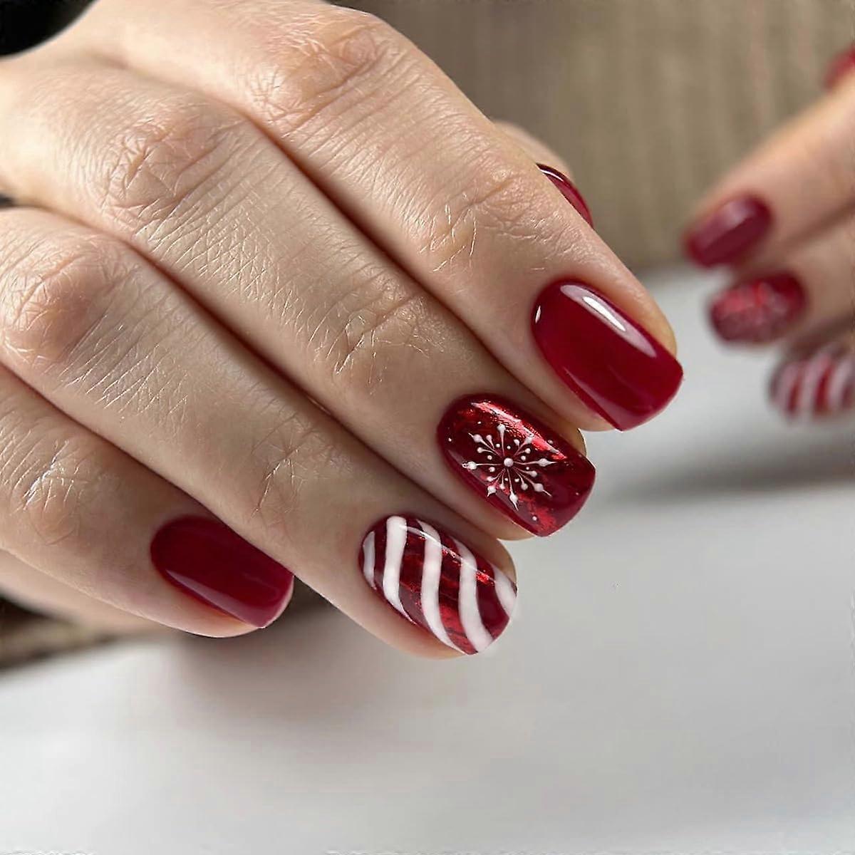 Christmas Red Press on Nails Short Square with Snowflake Design, 24pcs Dark Red Holiday Fake Nails
