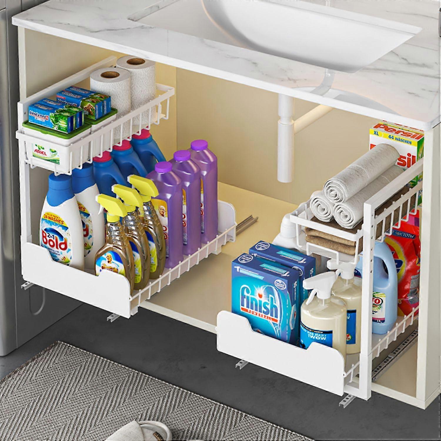 2 Pack Under Sink Organizer, 2 Tier Pull Out Cabinet Storage Rack with L Shape for Kitchen Bathroom, Adjustable RustResistant Design, White