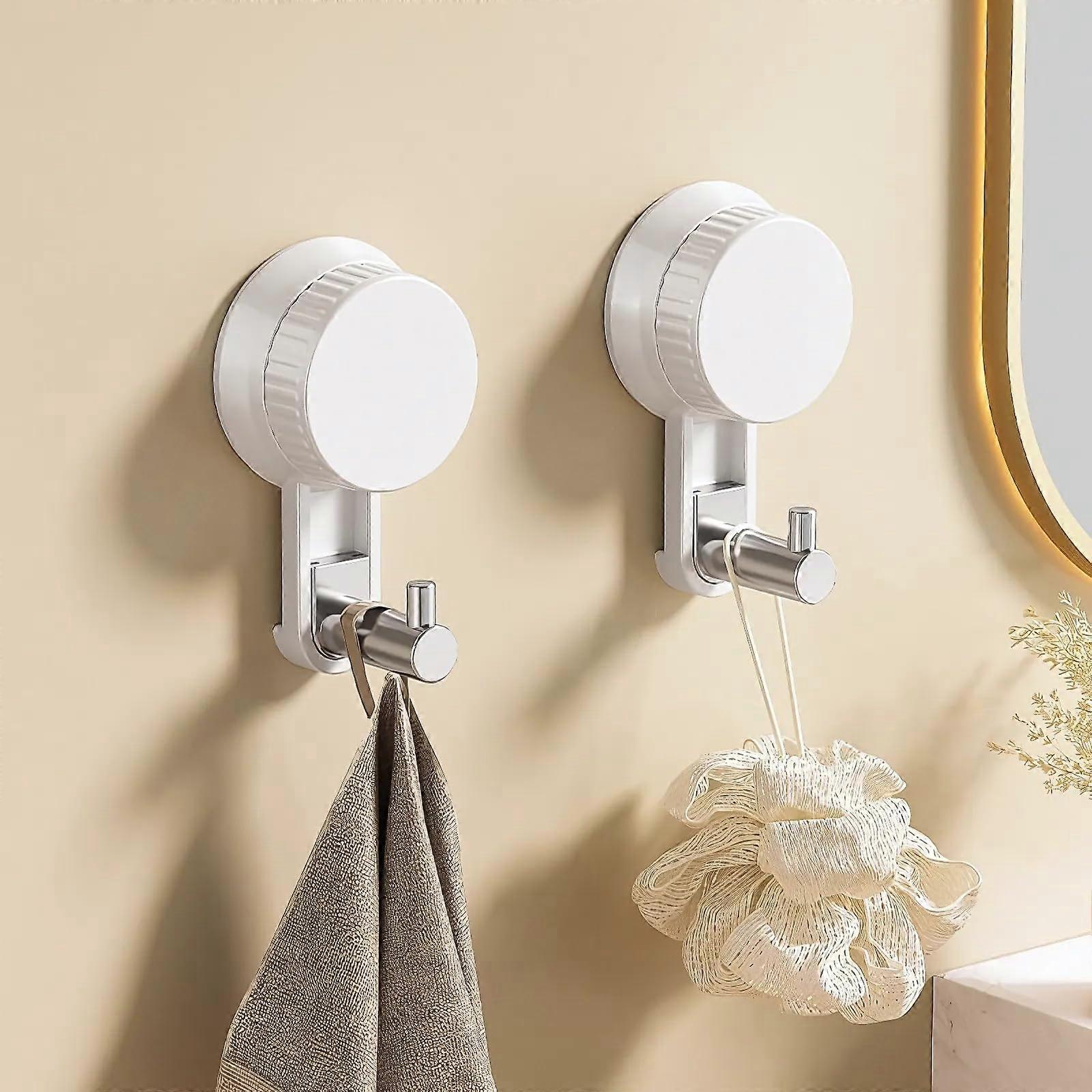 Suction Cup Hooks for Shower Bathroom, 2 Pcs Strong Waterproof Damage Reusable Wall Holders White