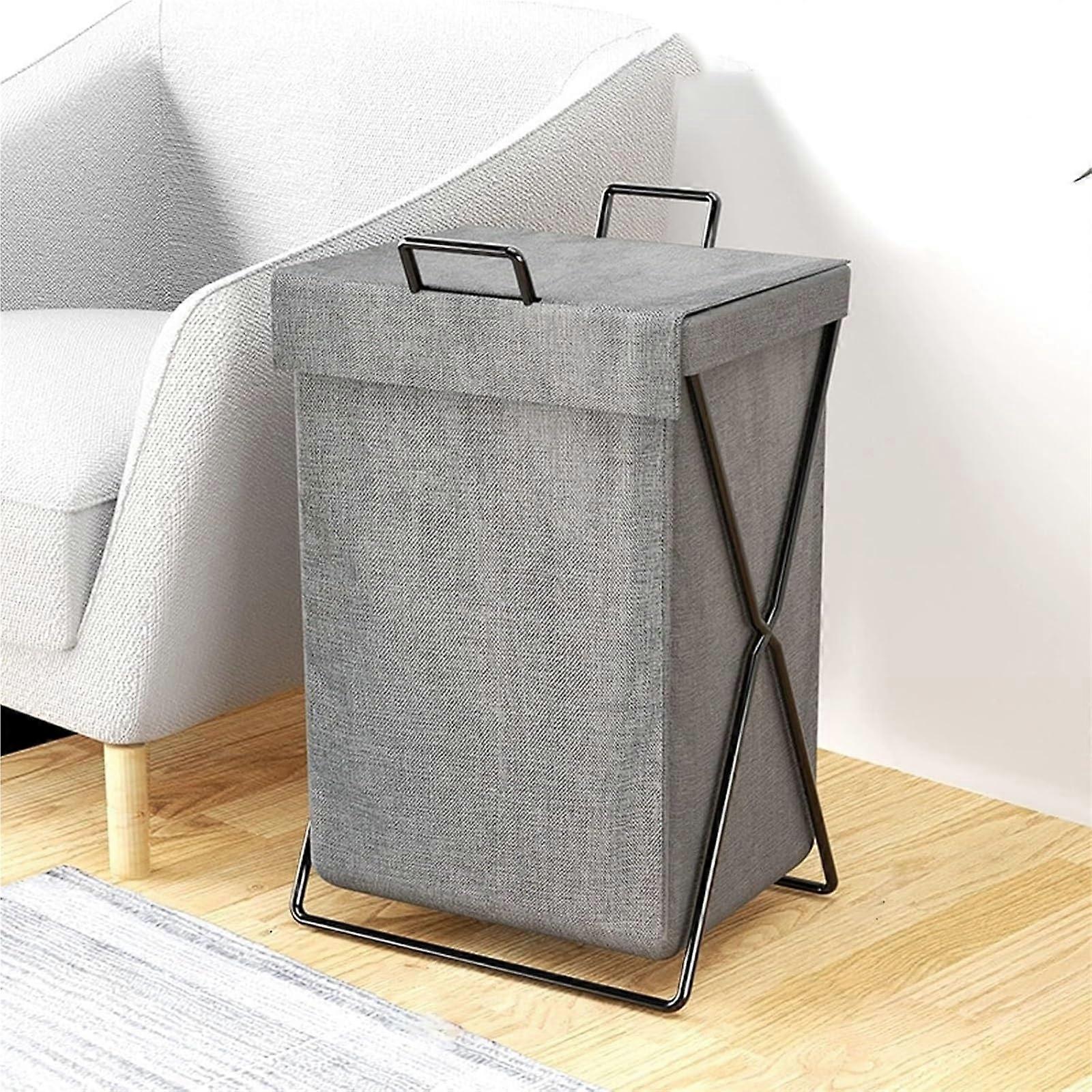 Large Capacity Grey Laundry Basket with Lid, Foldable Hamper with Ergonomic Handles for Clothes