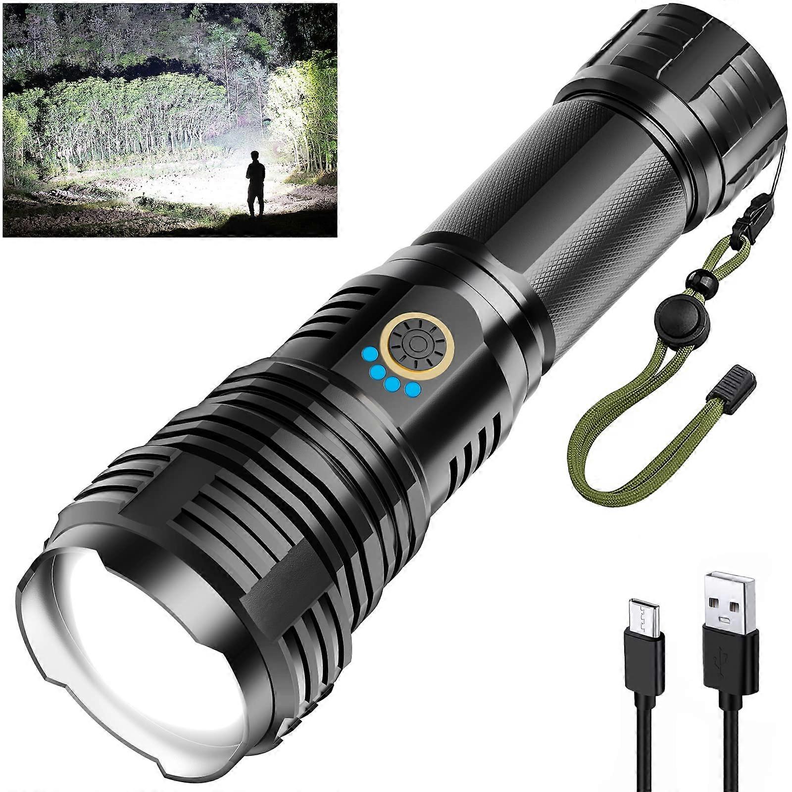 Rechargeable LED Tactical Flashlight  Power Waterproof Zoom USB Charging 5 Modes Camping