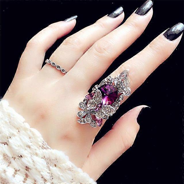 2 PCS/Set Gemstone Crystal Butterfly Ring, Ring Size:17