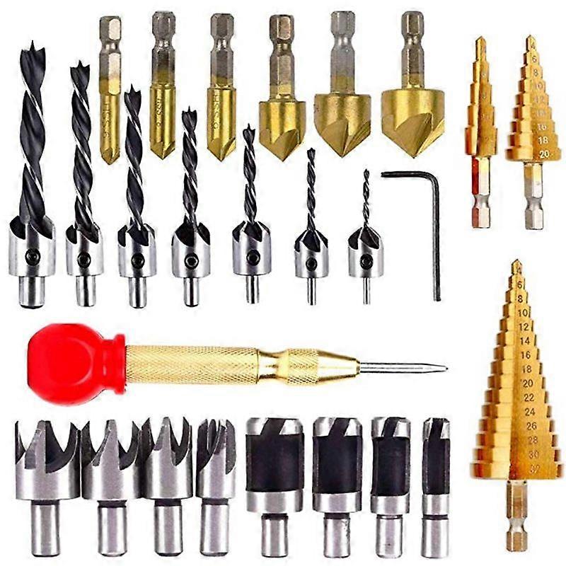 26Pcs Drill Bit Set, Hex Shank Step & Countersink Bits for Wood DIY Projects