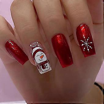 Christmas Press On Nails 24pcs Red Glitter Coffin Fake Nails with Snowflake Snowman Design