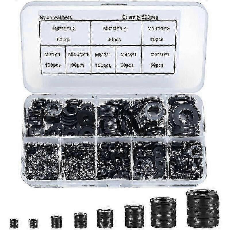 500 Pcs Black Nylon Flat Washers, Assorted Sizes M2 to M10 for Gaskets
