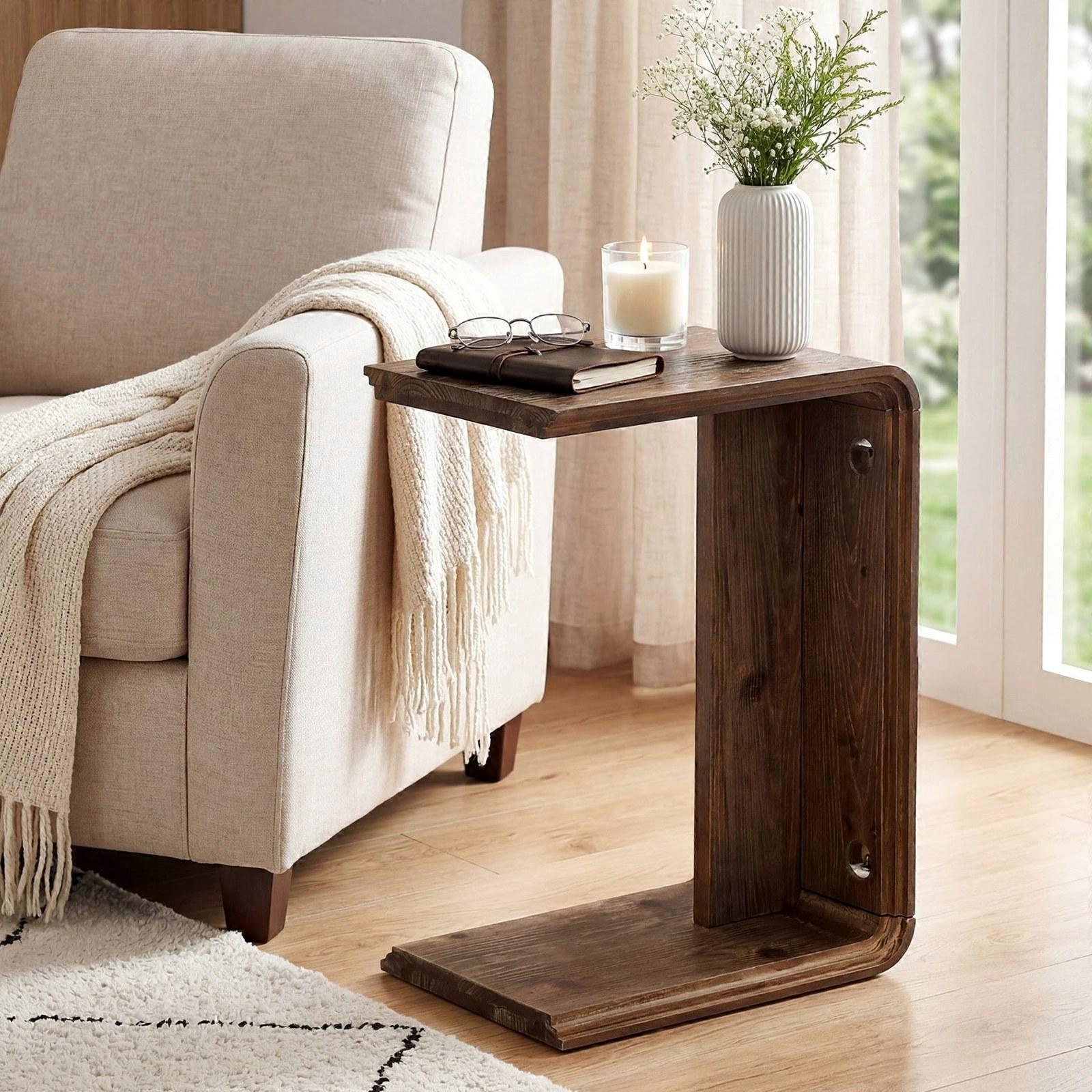 Szyszkadesign C-shaped solid wood side table, narrow sliding-under sofa table