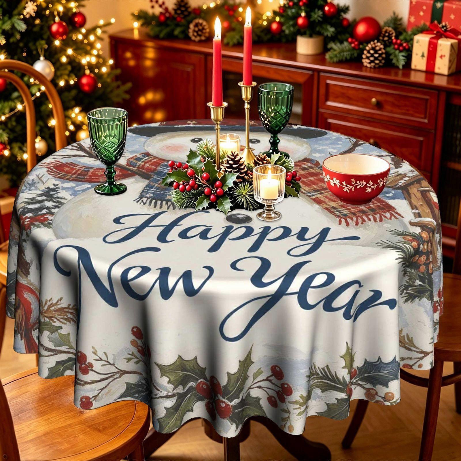 Happy New Year Snowman Holly Polyester Tablecloth