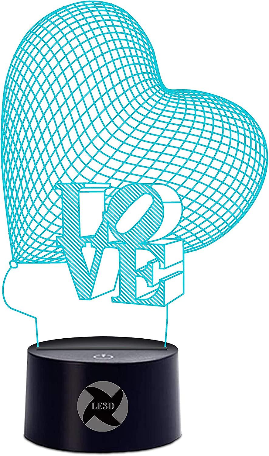 3D Optical Illusion Night Light - 7 LED Color Changing Lamp - Soft Cool Light Kid Safe - Solution for Nightmares - Big Heart Love