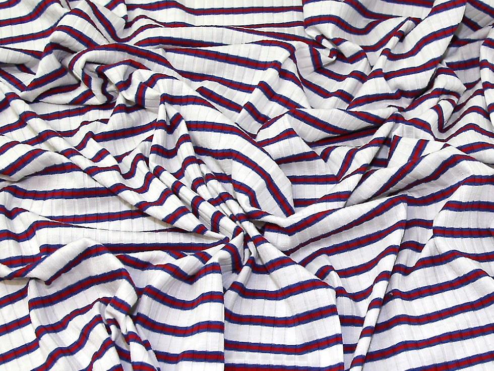 Minerva Polyester Rib Stretch Knit Fabric Ivory & Red/Blue - per metre
