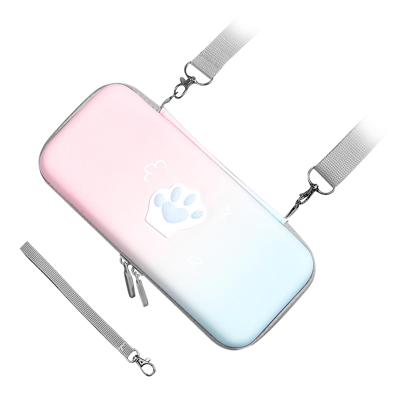 Cute Cat Paw Carrying Case PU Leather Hard Protective Cover with Shoulder Strap and Hand Rope for Switch Game Console Pink Blue Gradient