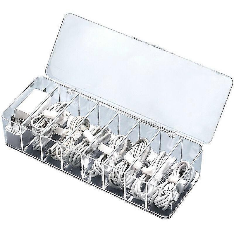 Cable Organizer Box with 10 Cable Ties Organizer Box with 8 Compartments Clear Plastic Countertop Storage Box (Large with lid)