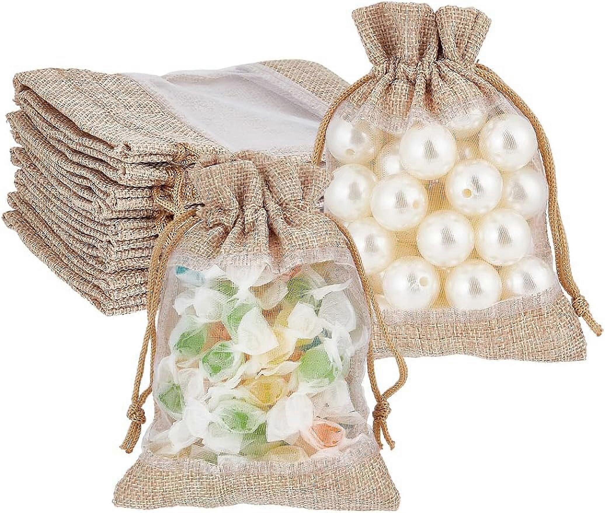 30Pcs Burlap Drawstring Bags 5.5x3.9inch Rectangle Linen Drawstring Pouches with Organza Windows for Party Favors DIY Craft Birthday and Wedding
