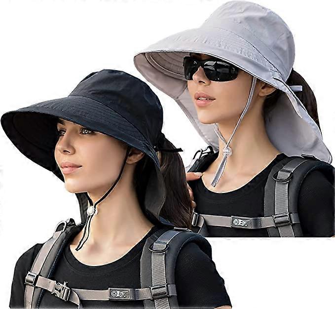 2-osainen aurinkohattu naiset niskasuojalla leveälierinen poninhäntäsäädettävä rantakalastajamusta+tummanharmaa