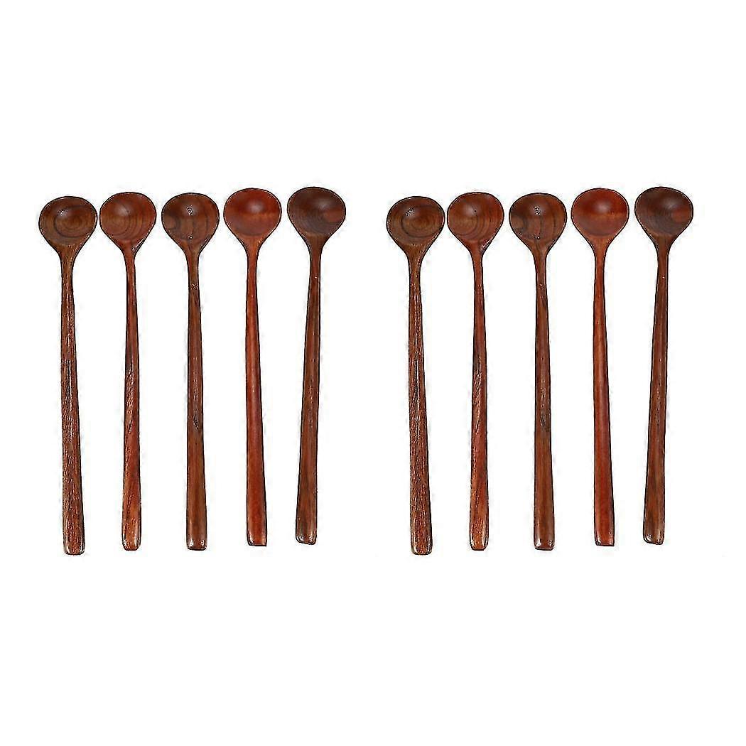 10 Pieces Korean Style 10.9 Inches 100% Natural Wood Long Handle Round Spoons (korean Style Soup Sp