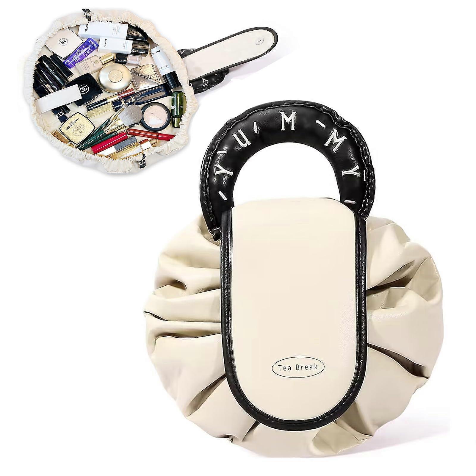 Lay Flat Drawstring Make up Bag, Make up Bag Drawstring Large-Capacity Flat Toiletry Bag, Portable Travel Cosmetic Storage Bag