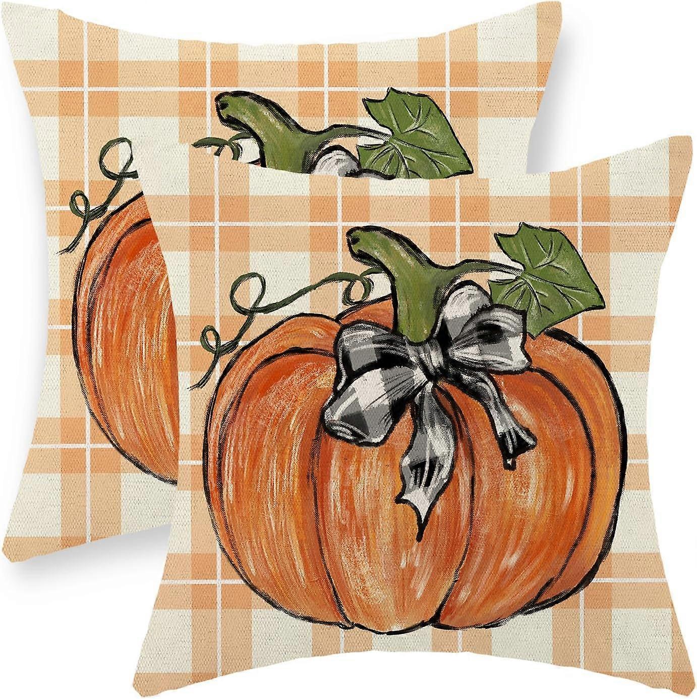 Podzimní obaly na polštáře 18x18 Sada 2 oranžových polštářů s dýňovými listy a kostkovaným vzorem podzimní dekorace Podzimní dekorativní venkovní polštářové obaly na podzimní Den díkůvzdání L