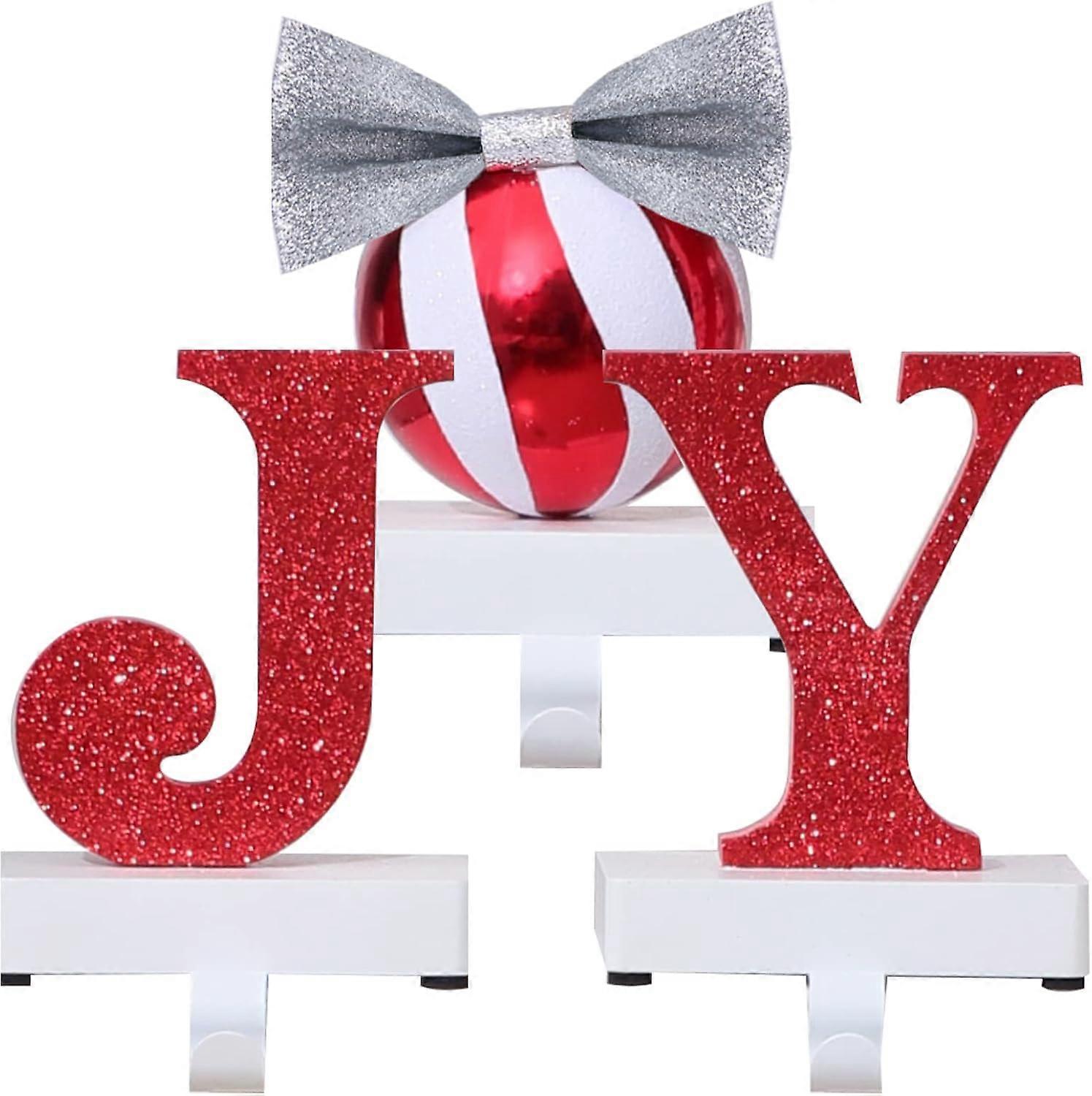 3Pcs Christmas Stocking Holders, Large Mantel Hook Set, Base Pads, Ribbons, Holds 2 Lb, Red Glitter Foiled Letters, Xmas Fireplace Decoration Stocking