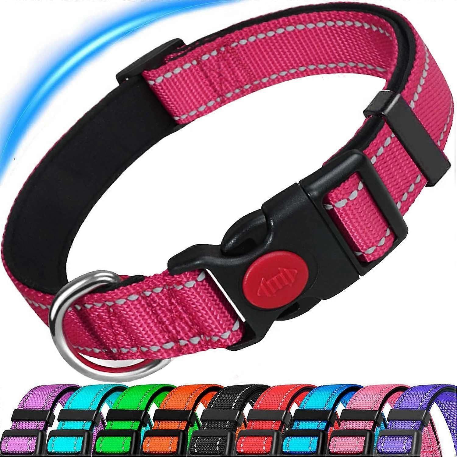 Dog Collar, Reflective Adjustable Basic with Soft Neoprene Padding, Durable Nylon Collars for Puppy Small Medium Large Dogs,Hot Pink,L:17.5-27.5inch