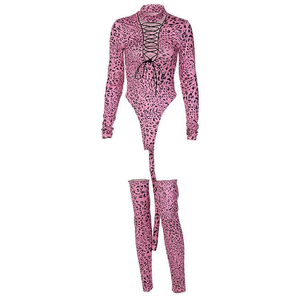 Novelty women's leopard print Jumpsuit 2-piece set sexy V-neck top with tail performance dress