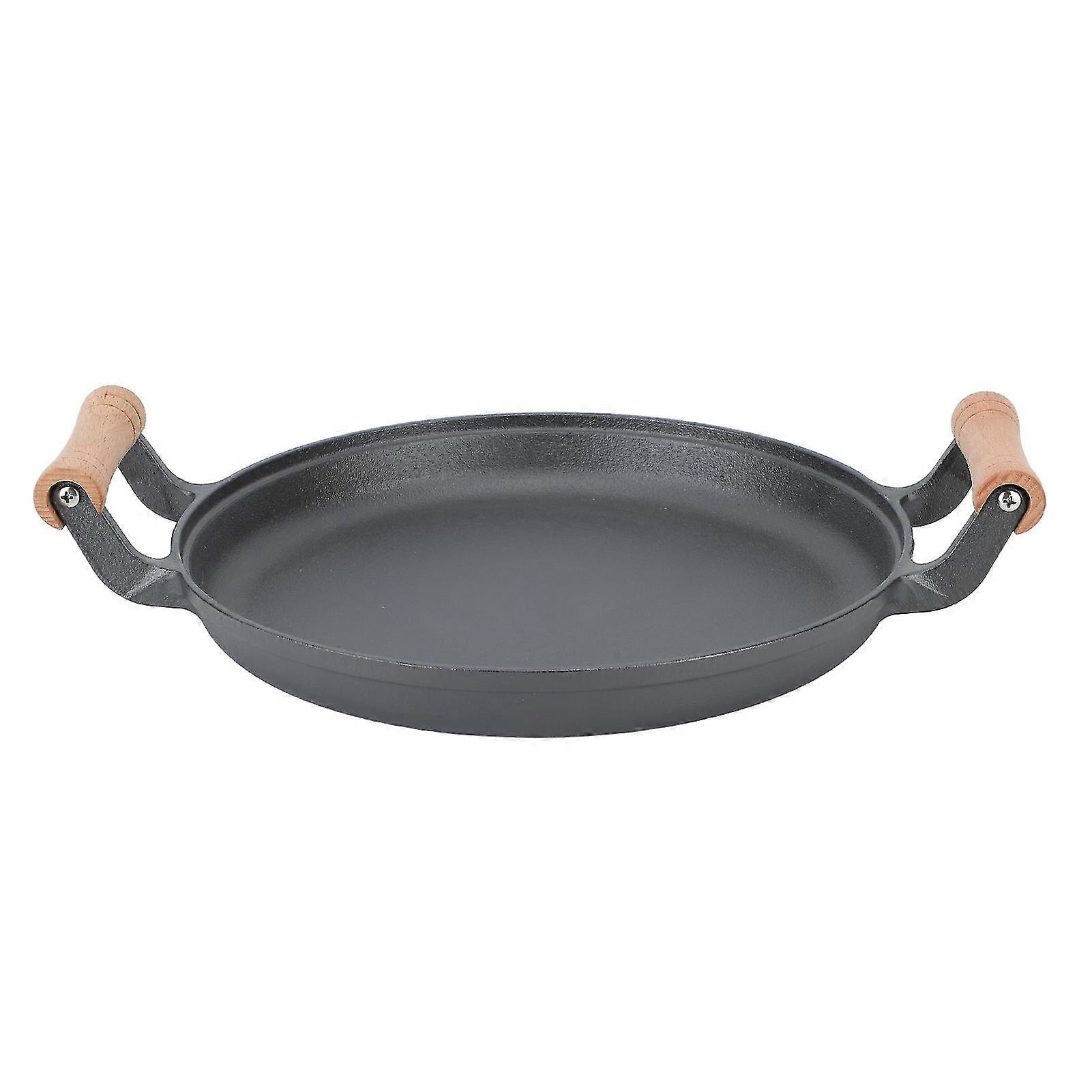 33cm12.99in Cast Iron Round BBQ Grill Pan with Dual Wooden Handles - Ideal for Barbecue Gatherings