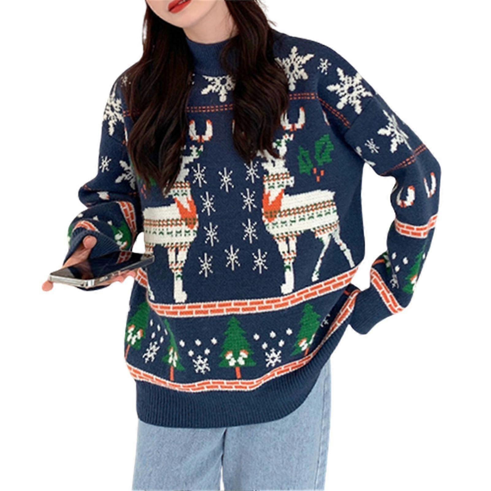 Damen Weihnachtspullover Weihnachten Hirsch Muster Pullover Gestrickter O-Ausschnitt Pullover