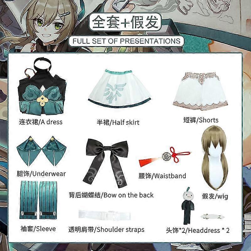 게임 Honkai : 스타 레일 Qingque 코스프레 가발 드레스 반바지 활 모자 액세서리 풀 세트 의류 할로윈 카니발 의상