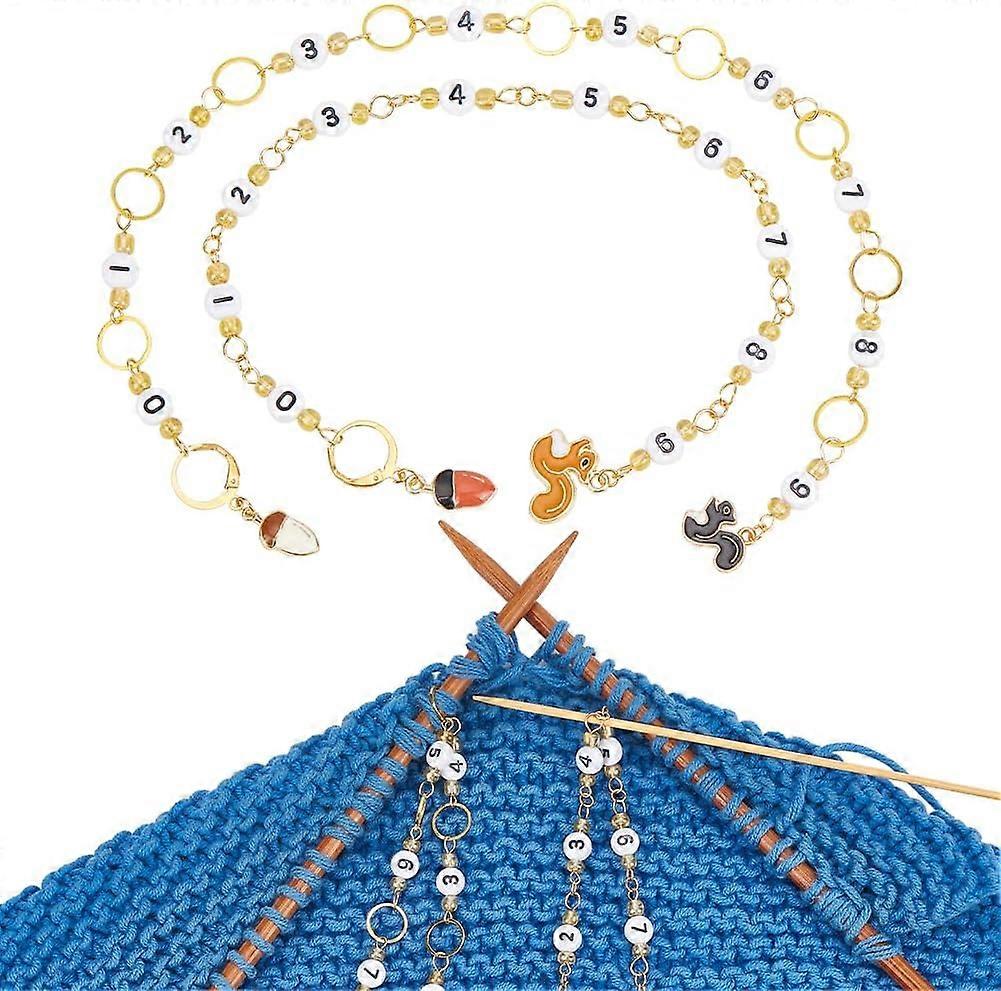 2 Pcs 2 Colors Squirrel Number Knitting Row Counter Chains Row Counting Accessories with Linking Ring and Enamel Acorn Pendants for Sewing Knitting Cr