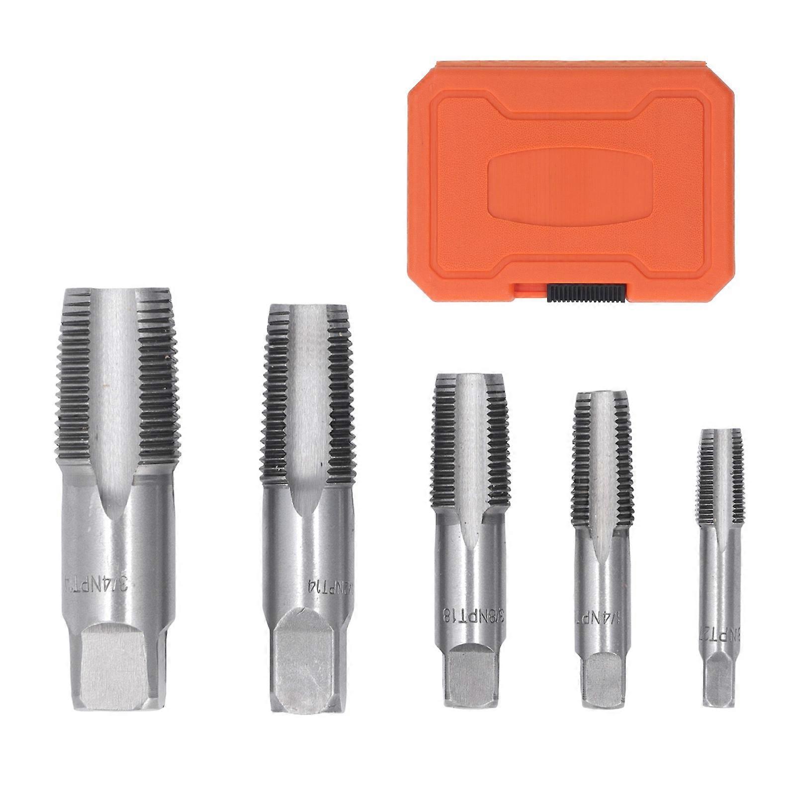 5 Piece NPT Pipe Tap Set, Sizes Included 3/4 1/2 3/8 1/4 1/8inch Carbon Steel Threading Plumbing NPT Tap Set with Storage Case