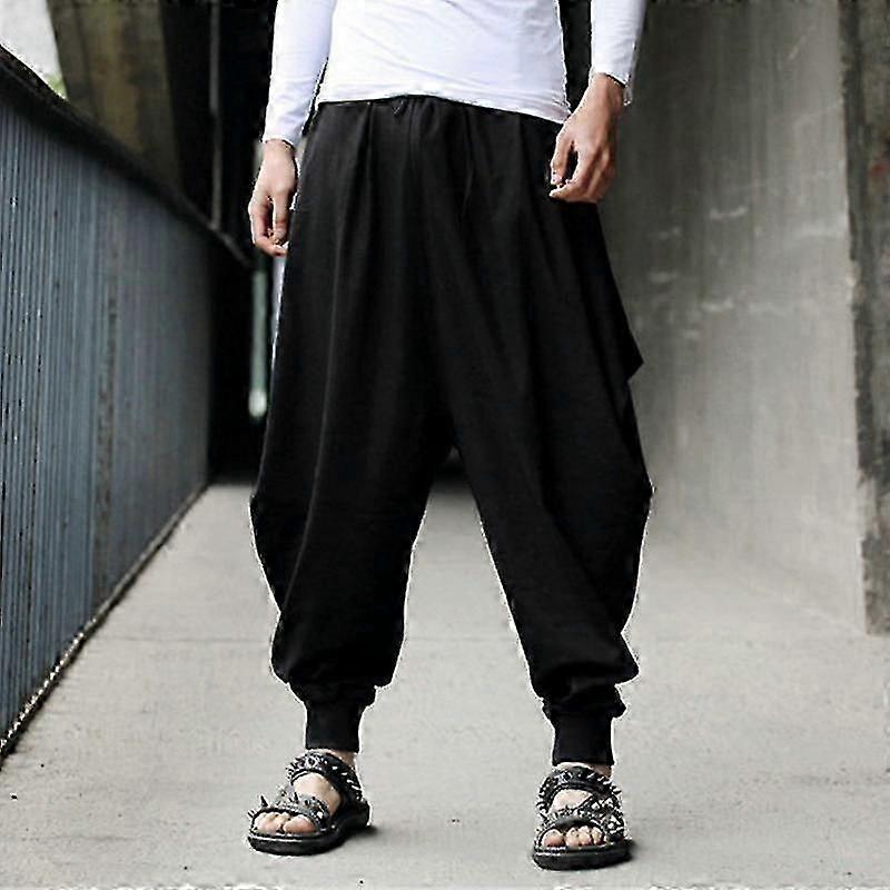 Mens Plain Harem Elastic Waist Drawstring Comfy Holiday Hippy Hakama Baggy Pants