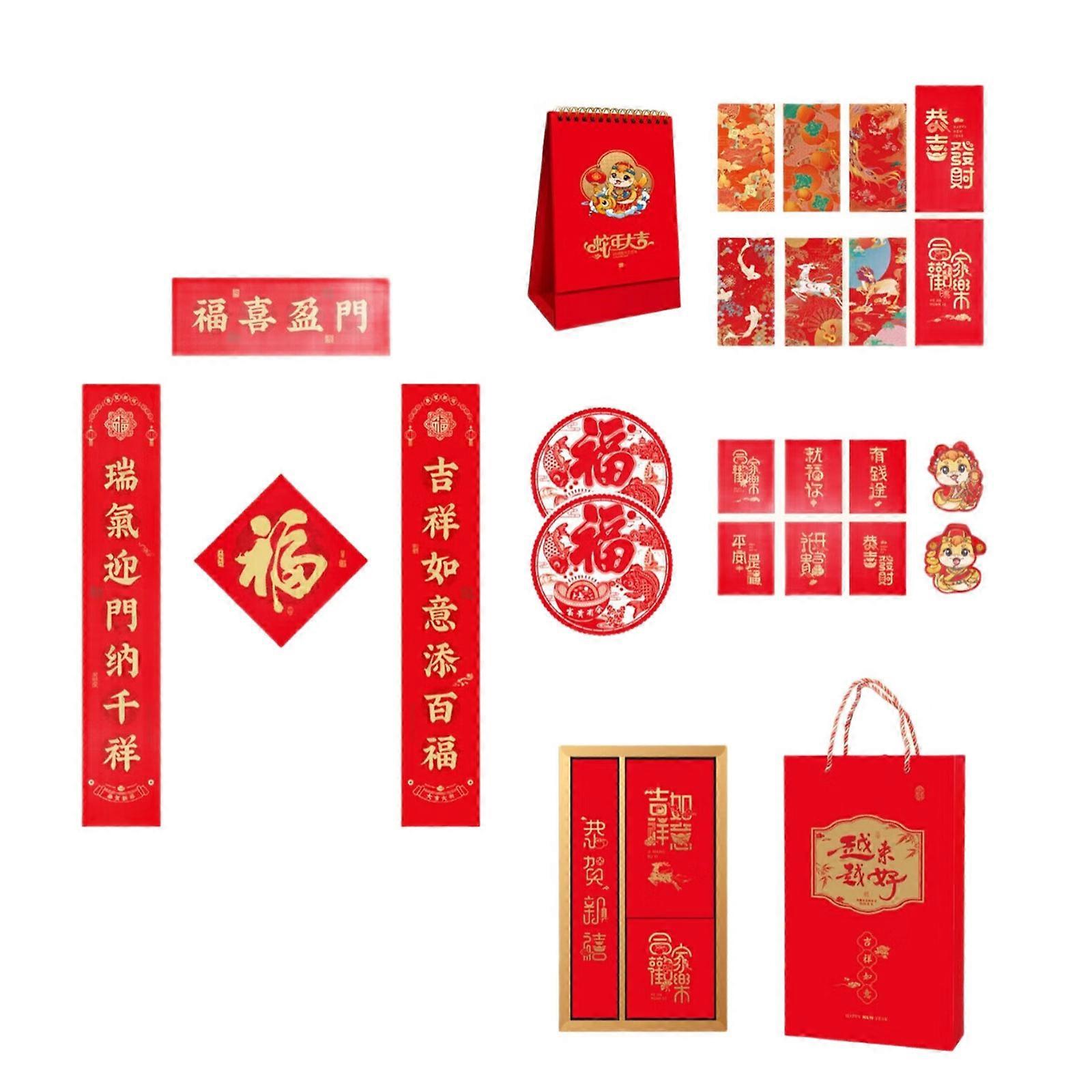 Traditional Chinese New Year Decors Set Feature Snake Motifs, Monry Envelopes, and Fortunate Fu Symbol