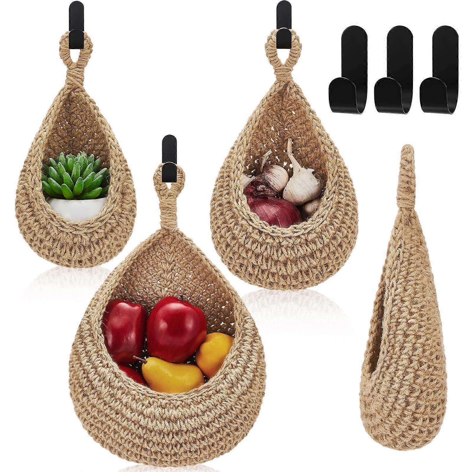 Hanging Wall Basket for Onions and Fruits, Bohemian Style Storage Baskets with Wall Hooks, Kitchen Organizer