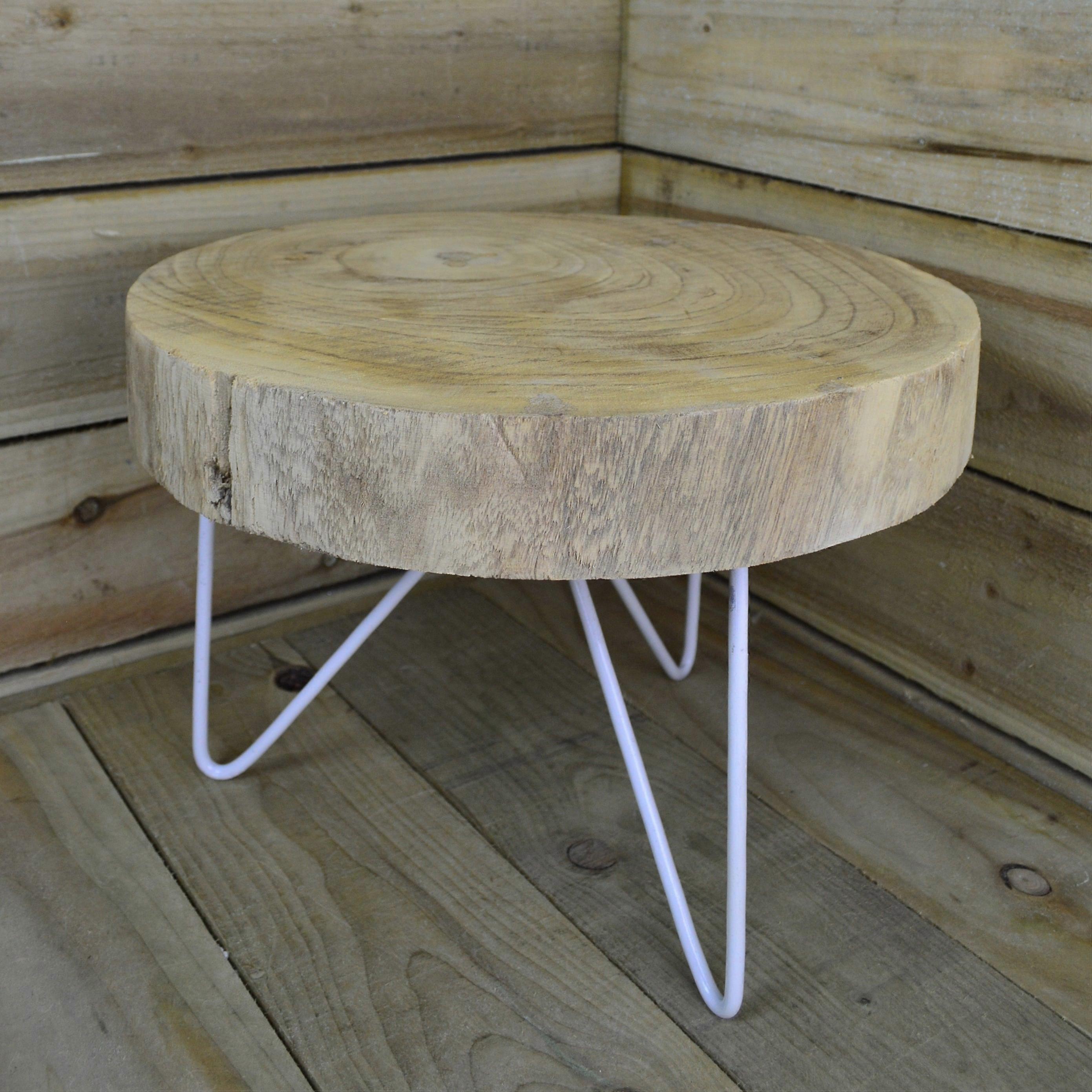 H30cm X D43cm Natural Wooden Tree Trunk Styled Authentic Table With White 3 Legs