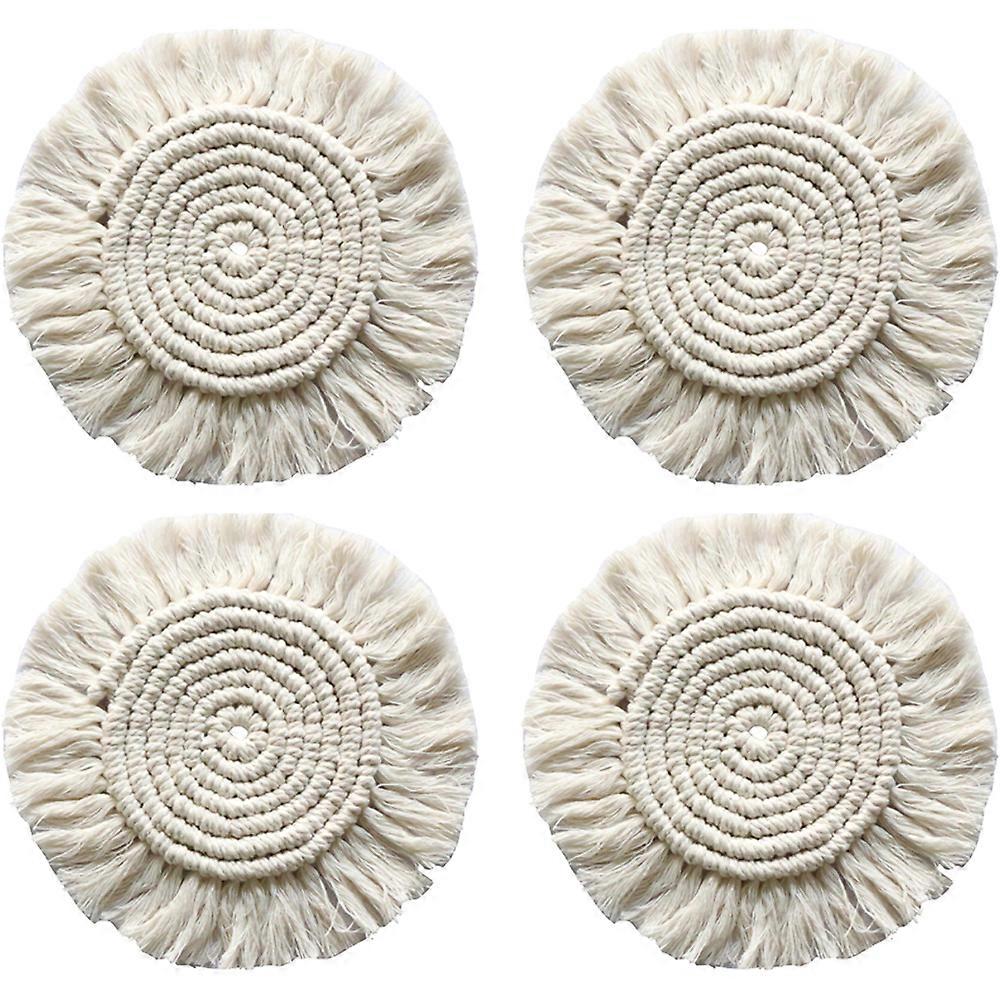 Rattan Macrame Boho Coasters | Bohemian Set of 4 Table Decor Cute Coaster Woven with Flat Absorbent