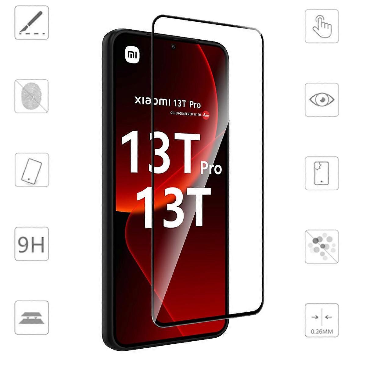 适用于小米 13T/13T Pro 3D Premium 0.3mm H9 钢化玻璃黑箔保护套配件