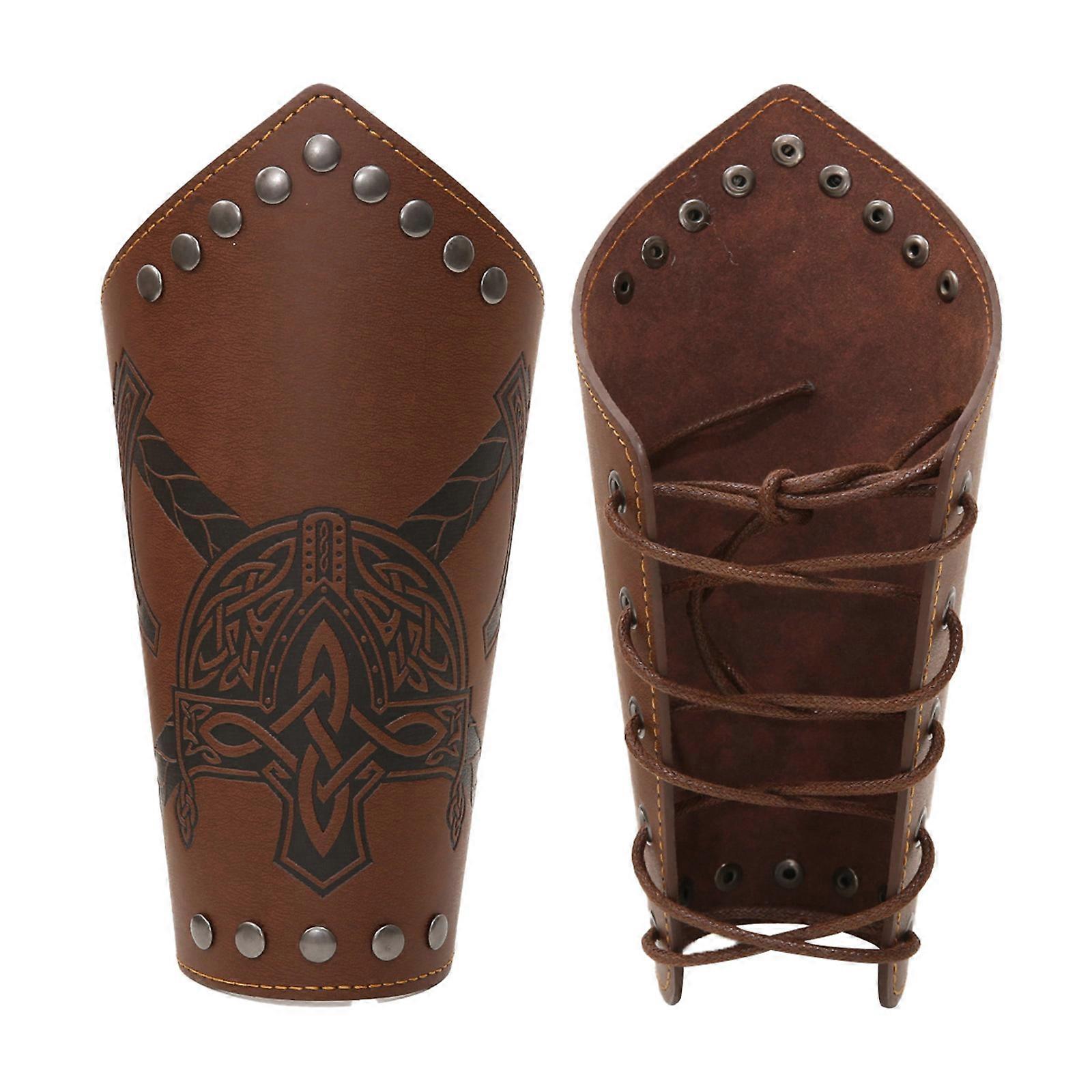 Cosplay Props Vintage PU Wide Bracers Tie Arm Armor Cuffs Adjustable Width Medieval Wristband Brown Black Wristband  coffee color