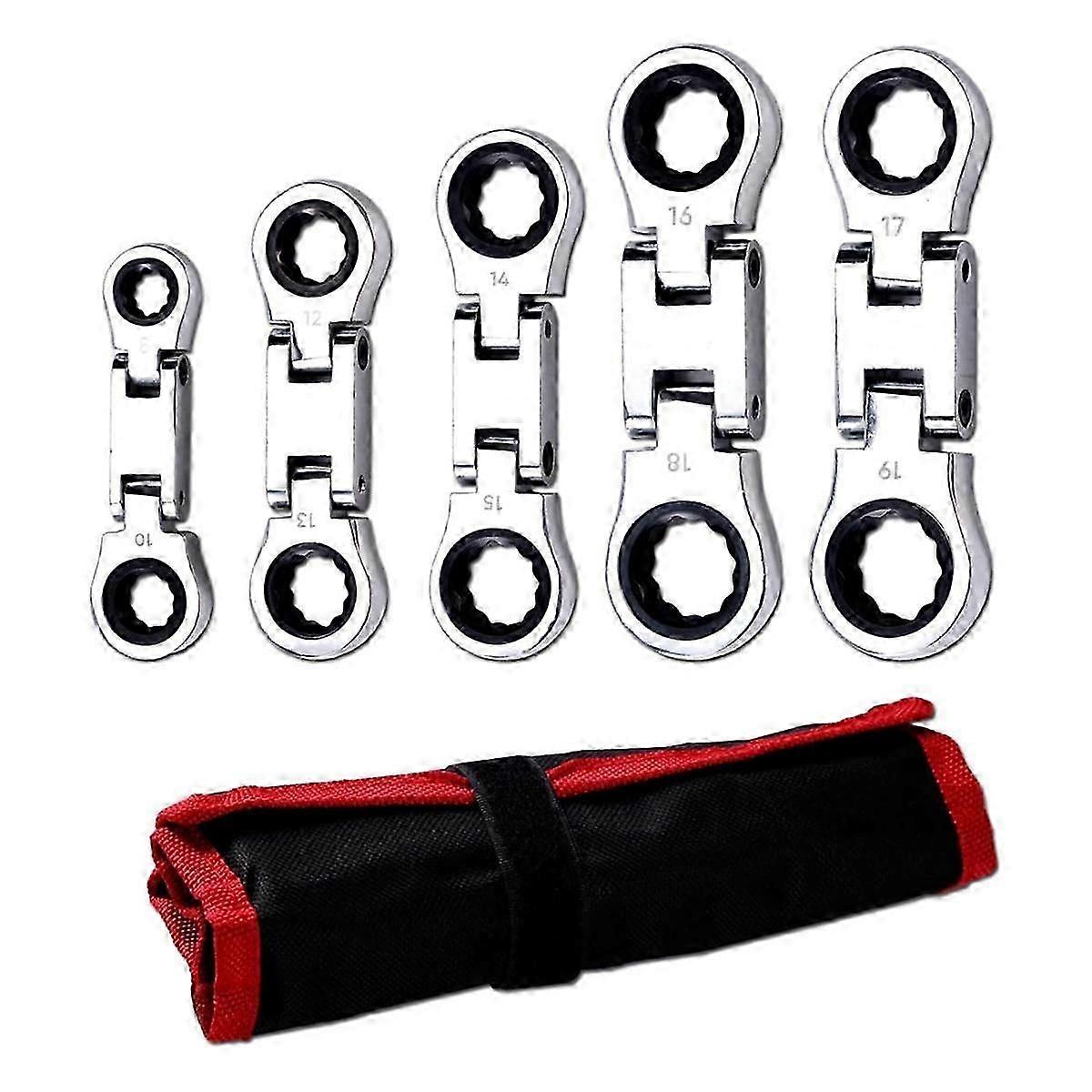 5-Piece Stubby Flex- Ratcheting Wrench Set Metric Combination SAE 72-Teeth, , Nickel Plating with R