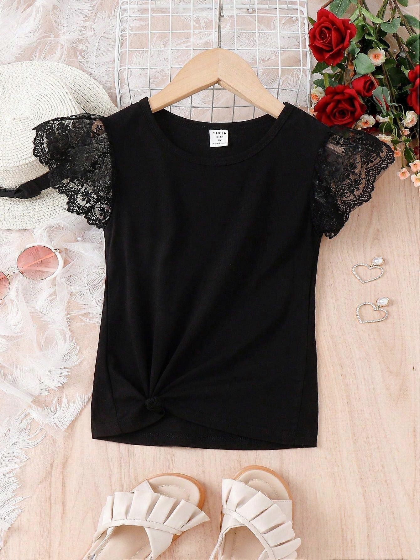 Cute Tween Girl Twist Hem Tee With Contrast Lace And Butterfly Sleeves