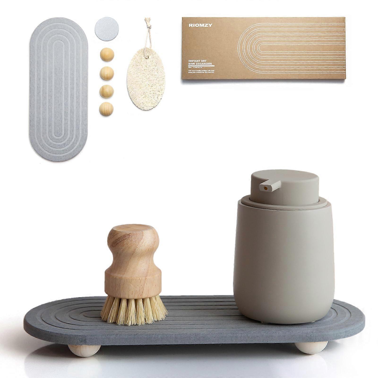Instant Dry Sink Caddy Organizer - Fast Drying Water Absorbing Stone Tray with Wooden Feet and Natural Loofah, Gray for Kitchen and Bathroom