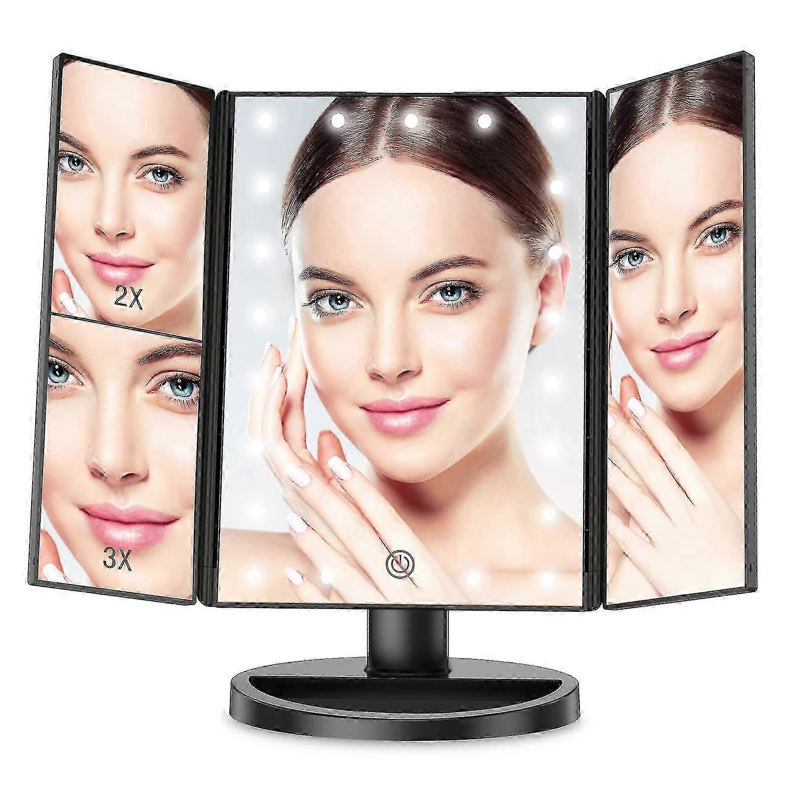 Makeup Mirror Foldable Triple Vanity Mirror With 22 Led Lights 2x 3x Magnification