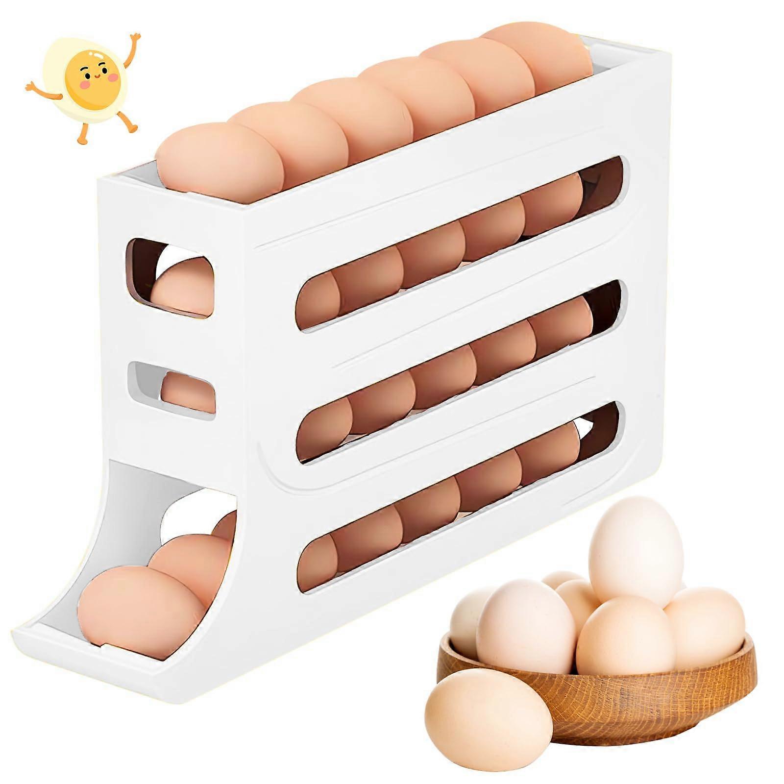 Egg Holder for Fridge 30 Egg Capacity, 4 Tier Rolling Dispenser, White Plastic Organizer for Pantry and Countertop