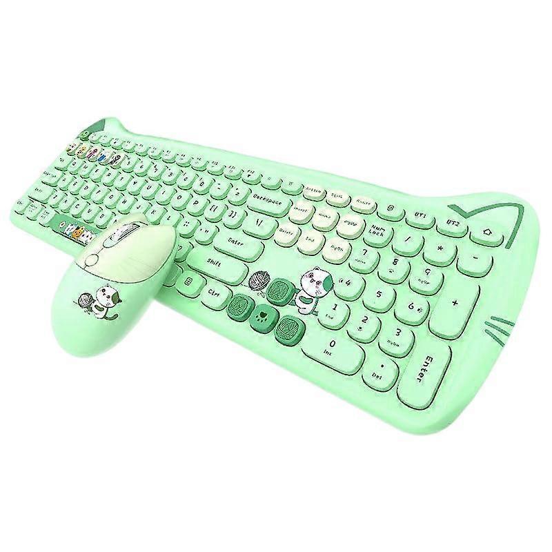 Geezer Meow Cute Puls Wireless Keyboard and Mouse Set, 110 Silent Keys, Green, Compatible with Windows XP/7/8/10