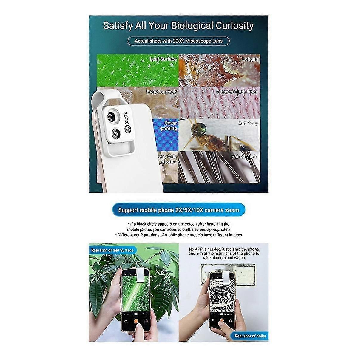 200X Magnification Microscope Lens with CPL Mobile LED Light Micro-Pocket Macro Lens for Ios Androi