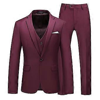 Men's Suit Business Casual 3-pieces Suit Blazer Pants Vest Slim Fit Red Wine