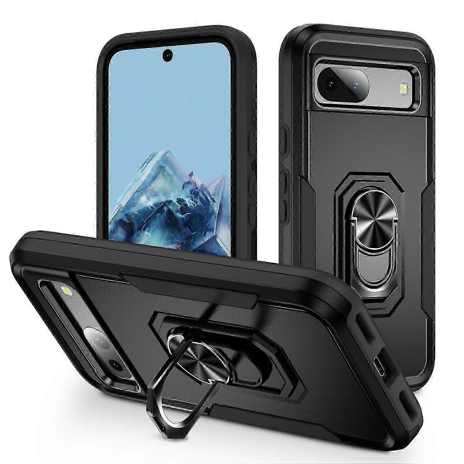 For Google Pixel 8a Case, Heavy Duty Shockproof Full Body Protective Cover with Rotatable Metal Ring Holder Kickstand