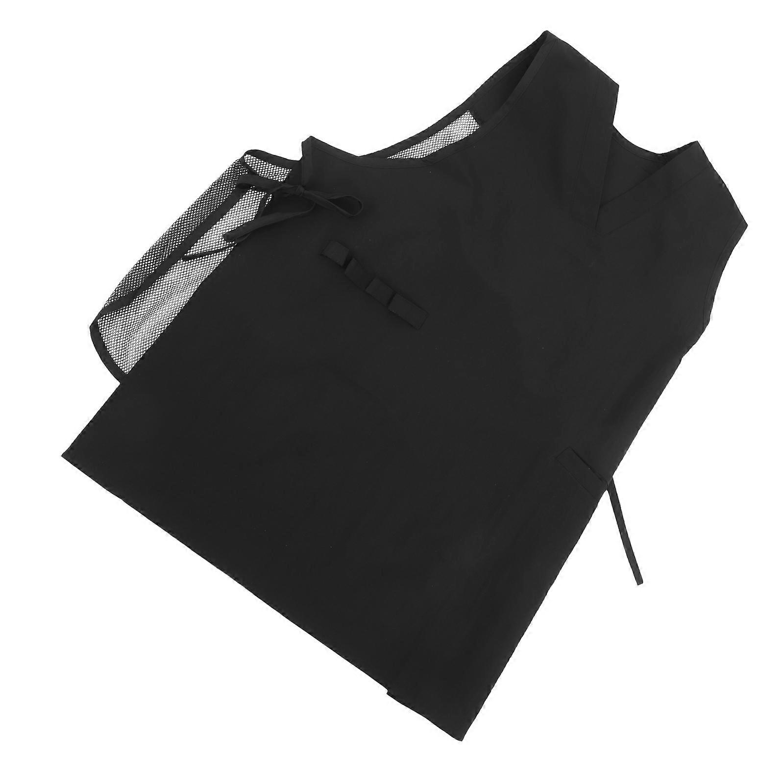 Lightweight Black Sleeveless Salon Apron with Mesh Back and Front Pockets for Hairdressers and Professional Styling Use