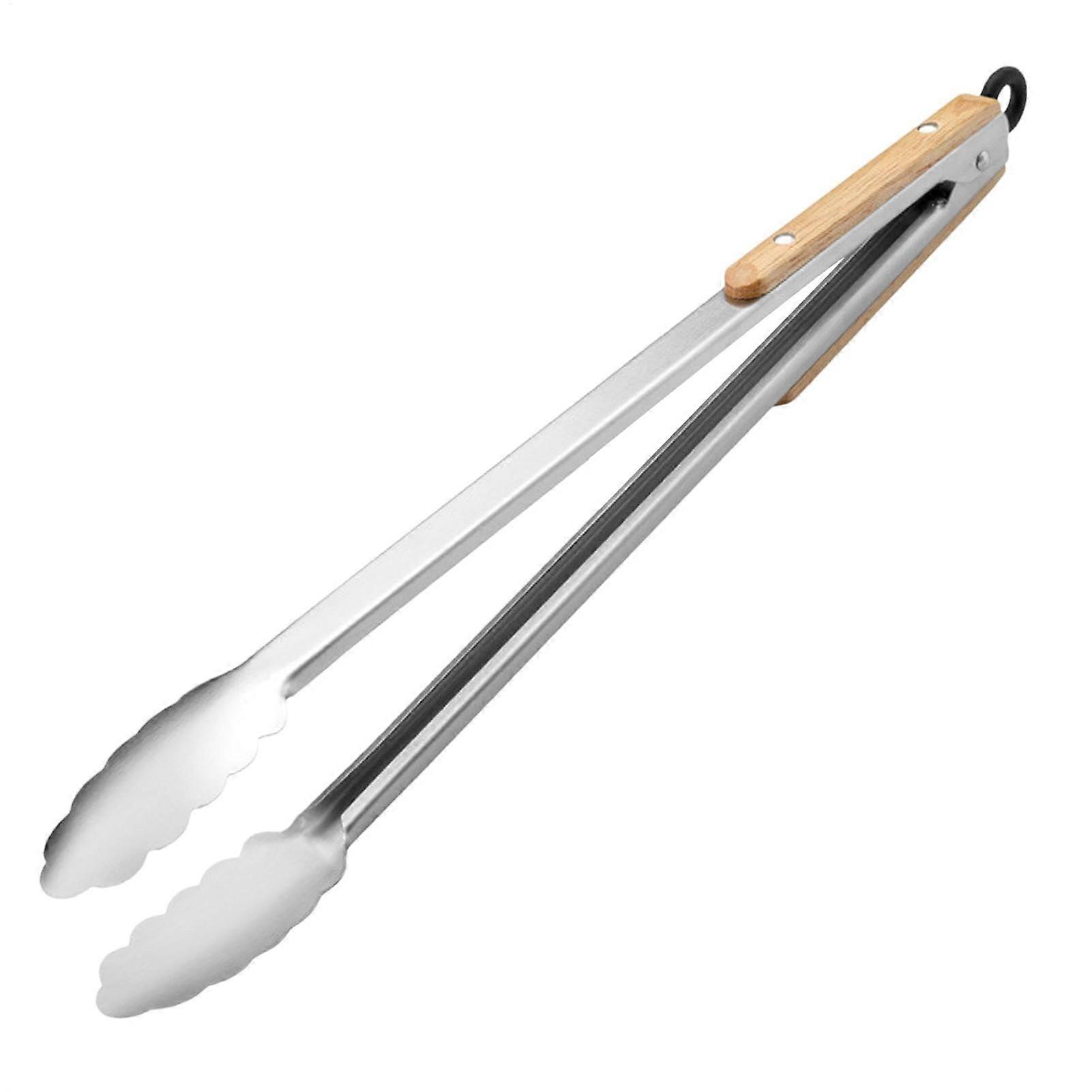 Long Tongs for Grilling - Heavy Duty Anti-Rust Barbecue Tongs with Non-Slip Oak Handle for Meat and Vegetable Skewers