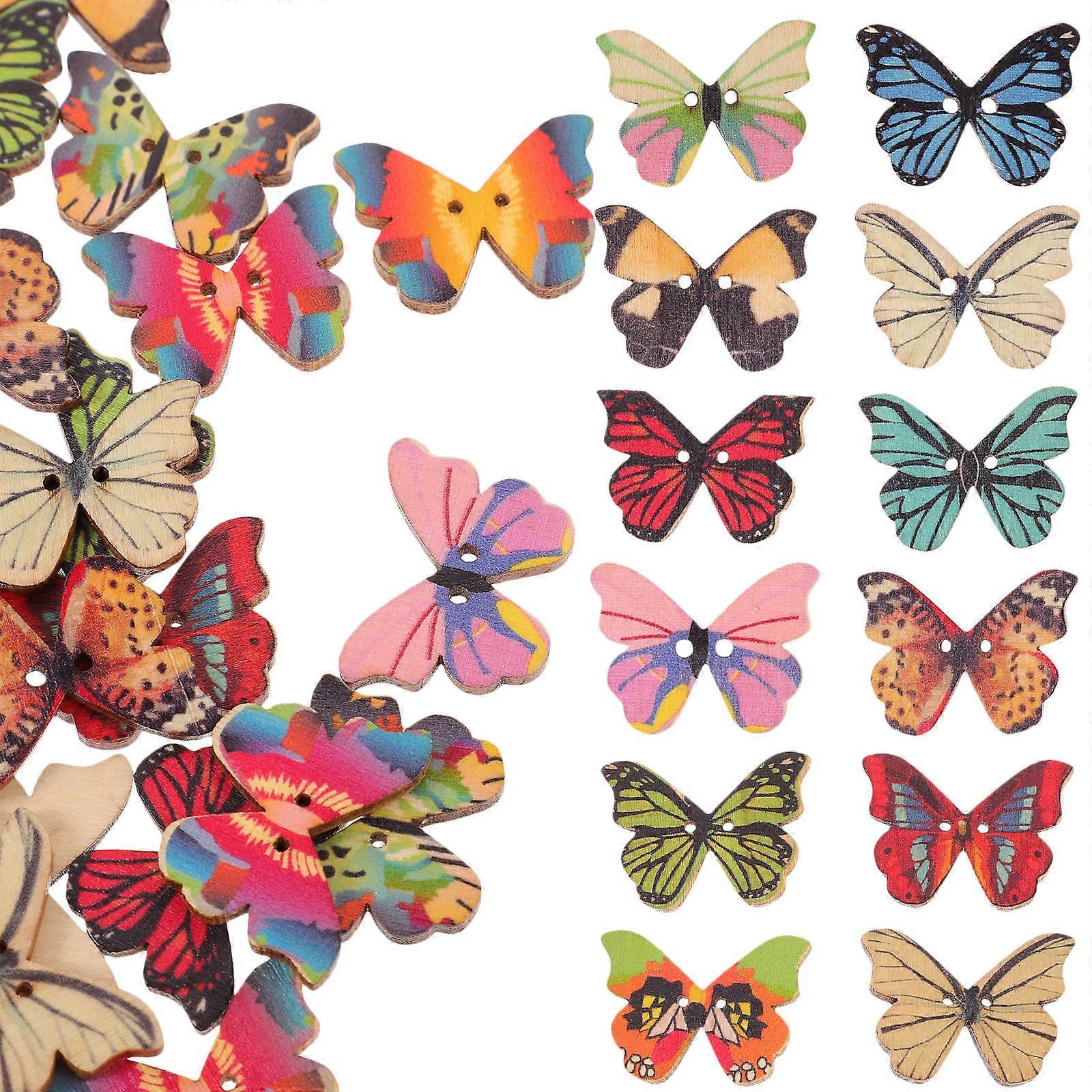 Butterfly Modeling Buttons Wood Butterfly Buttons Craft Making Multi 2.80X2.00X0.20CM Two-Hole Design 100Pcs
